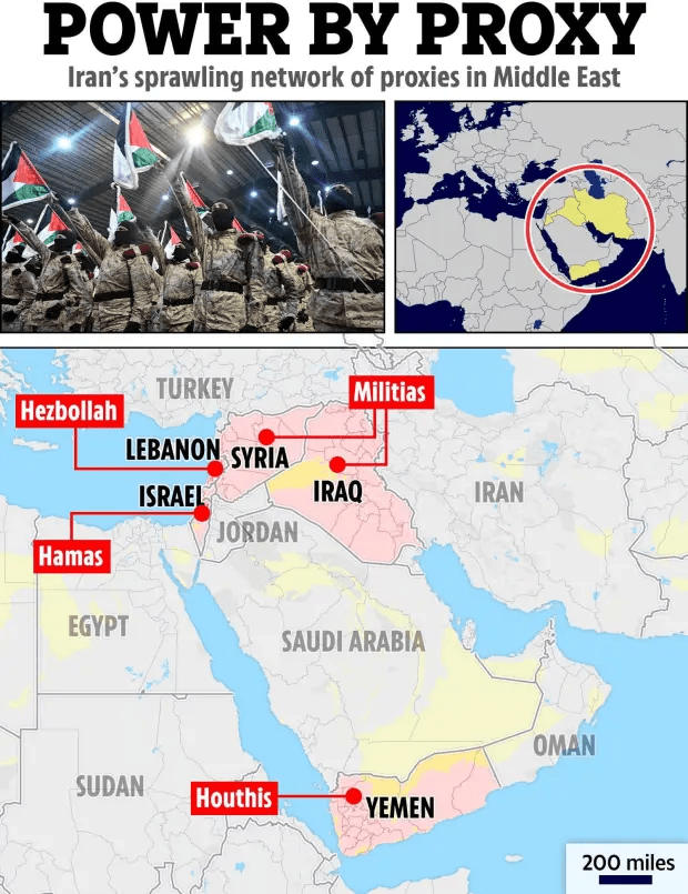 a map showing iran 's sprawling network of proxies in middle east