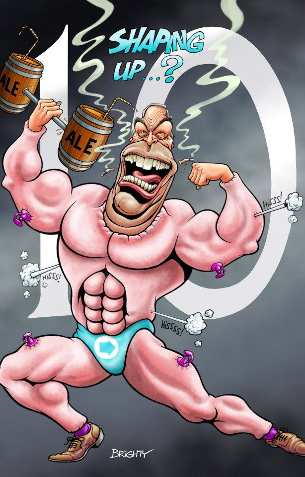 Illustration of a muscular man lifting ale kegs as weights.