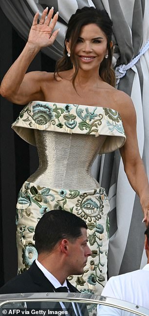 Bride-to-be Lauren Sanchez wore the most eye-popping look of all in a tiny corset dress