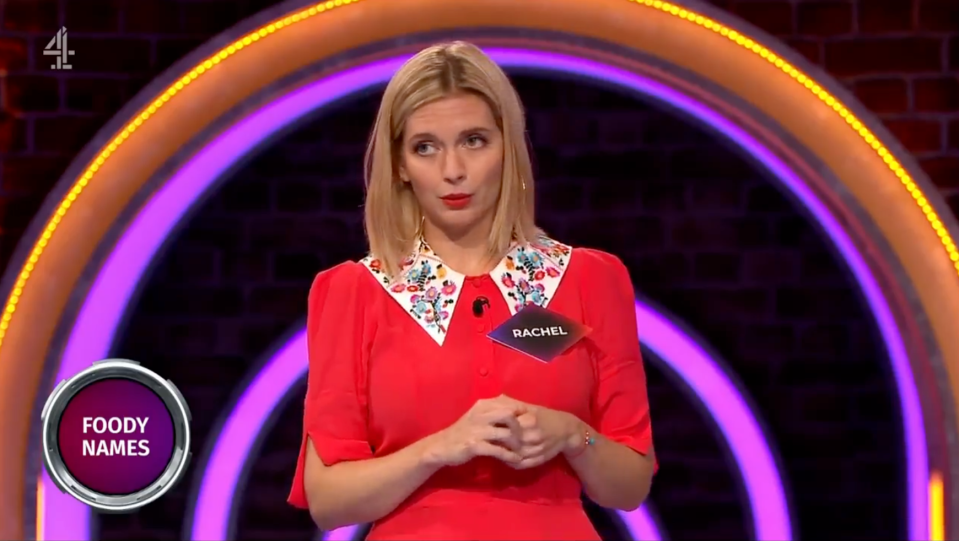 Rachel on the game show "Foody Names."