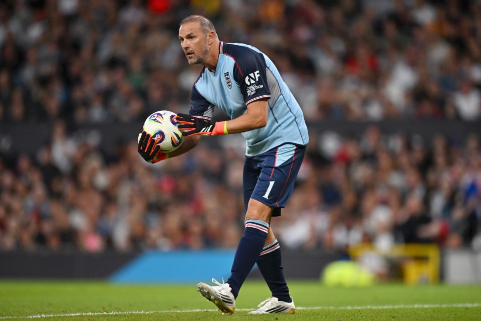Paddy McGuinness playing goalie at Soccer Aid 2025.