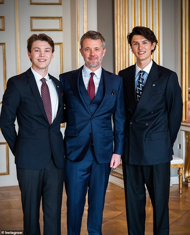 On the morning of his birthday, King Frederik (centre) invited his nephews Count Felix (left) Count Nikolai (right) to join him at the palace, where they were awarded prestigious royal titles