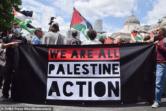 Palestine Action supporters stage a protest in Trafalgar Square against government plans to proscribe the activist group. Activists from Palestine Action recently vandalised RAF planes, prompting the government to propose banning the group.