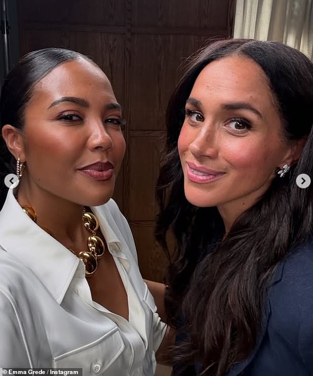 Meghan Markle and Emma Grede posed for a selfie behind the scenes of the podcast