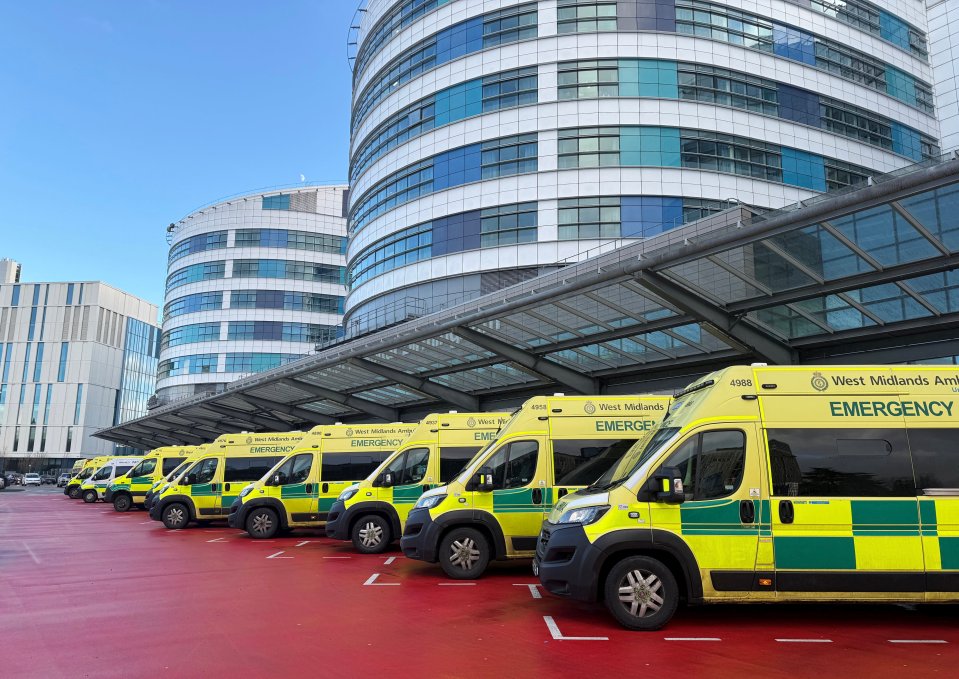A row of ambulances parked outside Queen Elizabeth Hospital, Birmingham, this afternoon.  January 7, 2024.  Release date  January 7, 2025.  A critical incident has been declared at the University Hospitals Birmingham NHS Trust.  It follows a number of NHS trusts in England which have declared critical incidents amid exceptionally high demands on emergency departments.  Critical incidents can be declared when health and care services are so busy that special measures are needed to restore normal operations and keep patients safe.