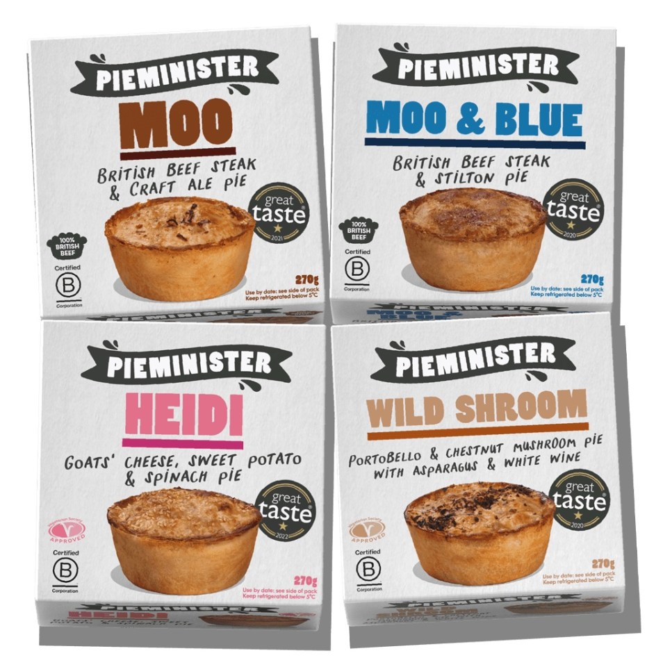 Illustration of four Pieminister pie boxes.