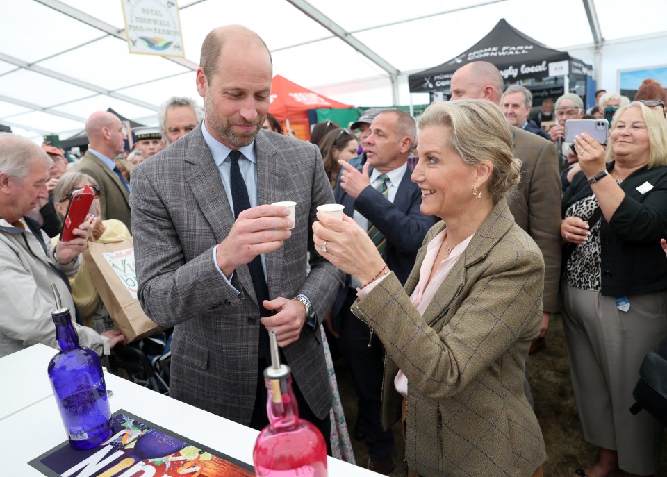 Prince William and Sophie, Duchess of Edinburgh, tasting local gin at the Royal Cornwall Show.