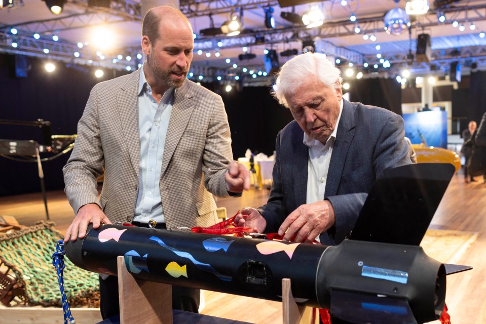 Prince William and David Attenborough examining an ocean exploration device.
