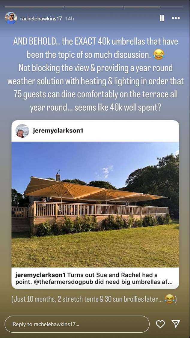 Rachel has since taken a swipe back at Clarkson after the broadcaster confessed he caved in and purchased the umbrellas, having initially refused to