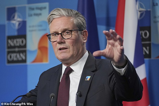 Pictured: Prime Minister Sir Keir Starmer speaks during a media conference at the end of the Nato Summit at the Hague