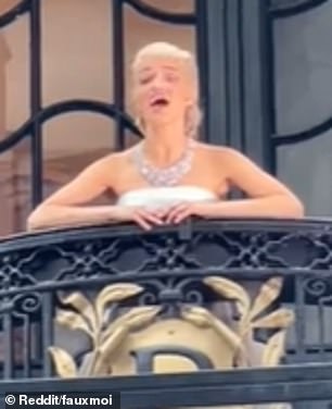 Photos taken of Zegler performing the song on the balcony, show her wearing a blonde wig, which was styled in a neat waved up-do