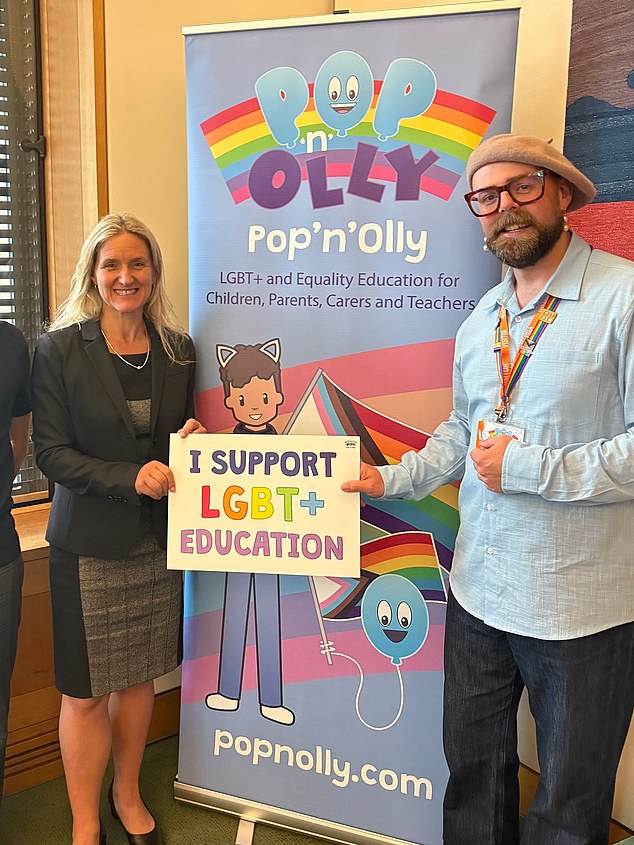 It comes after Labour MPs were photographed earlier this month supporting an activist group which teaches gender ideology to children as young as nine (pictured: Kim Leadbeater, left)