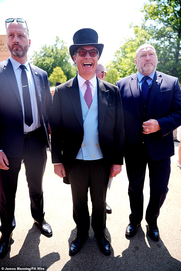 The voting intention for Nigel Farage 's party's was more than double that of the Tories , who languished in third with 15 per cent, compared to Labour's 25 per cent and Reform's 34 per cent. Pictured: At Ascot