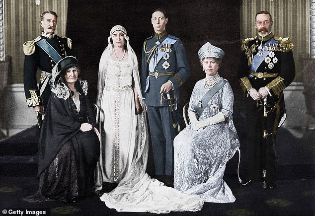 Lady Elizabeth with her parents the Earl and Countess of Strathmore (left) and the Duke of York's parents King George V and Queen Mary (right)