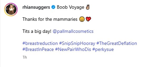 In a caption full of amusing breast-related puns, Rhian wrote: 'Boob Voyage. Thanks for the mammaries. T**s a big day! @pallmallcosmetics'