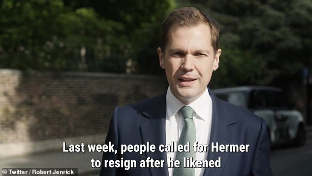 Shadow justice secretary Robert Jenrick has attacked the Attorney General by parading in front of easels depicting Lord Hermer's previous clients in his latest stunt video