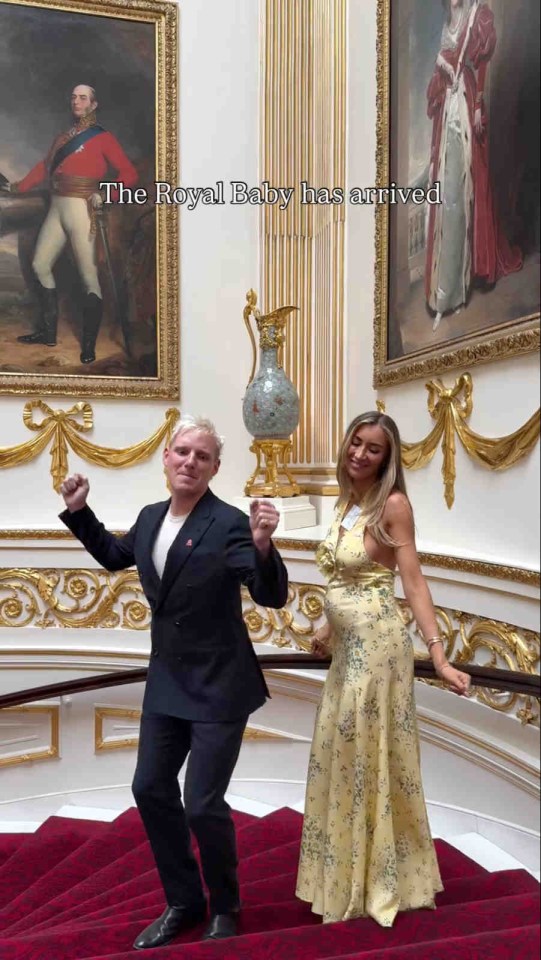 Couple dancing in Buckingham Palace; text overlay: "The Royal Baby has arrived."