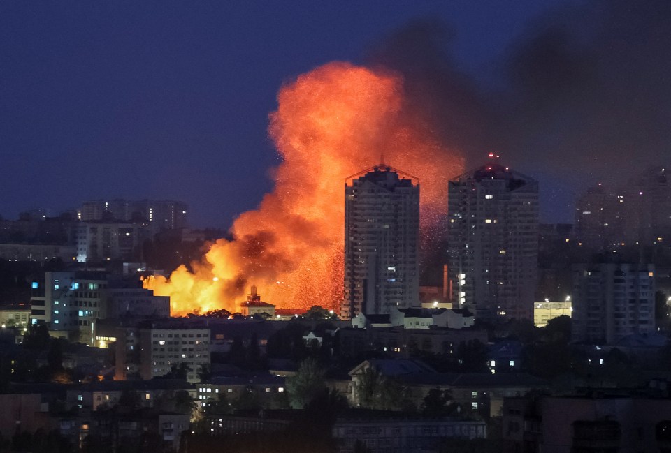 Fire and smoke rising from a building in Kyiv, Ukraine, after a Russian drone strike.