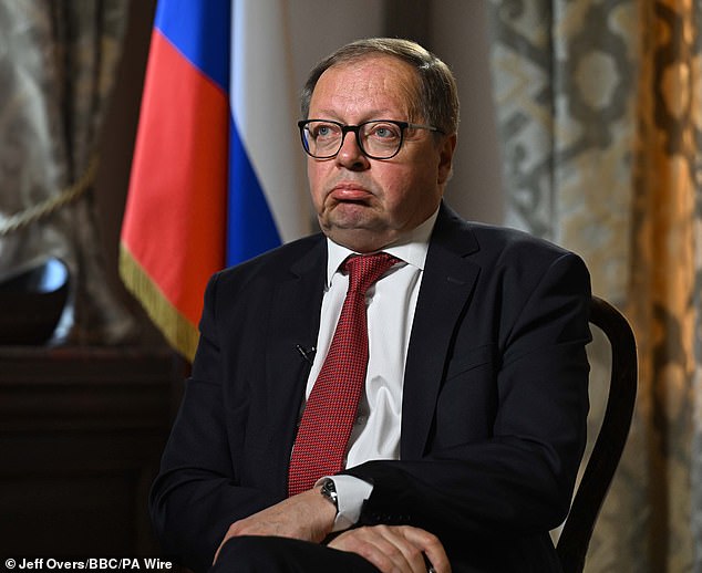 Andrea Kelin, Russia's ambassador to the UK, has blamed Britain for Ukraine's devastating drone attacks on its airfields (pictured: Mr Kelin in April)