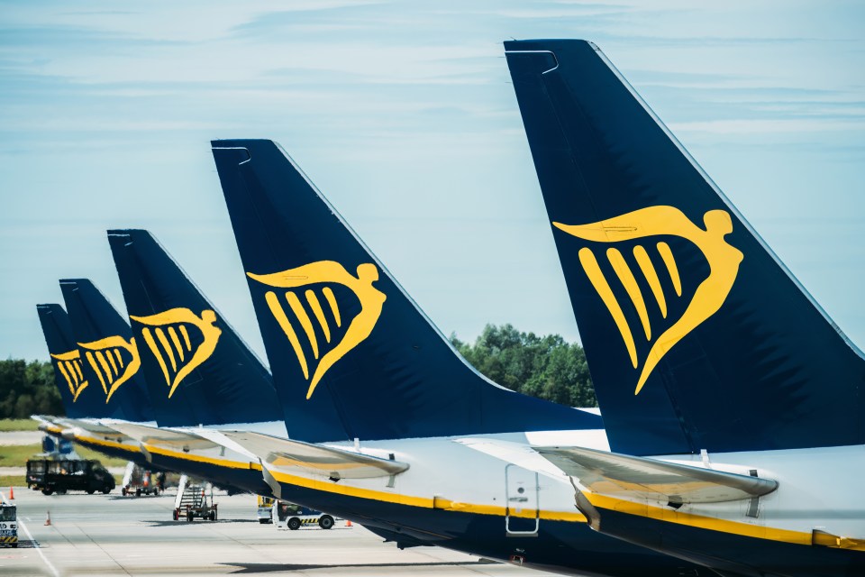 Several Ryanair airplanes parked at an airport.