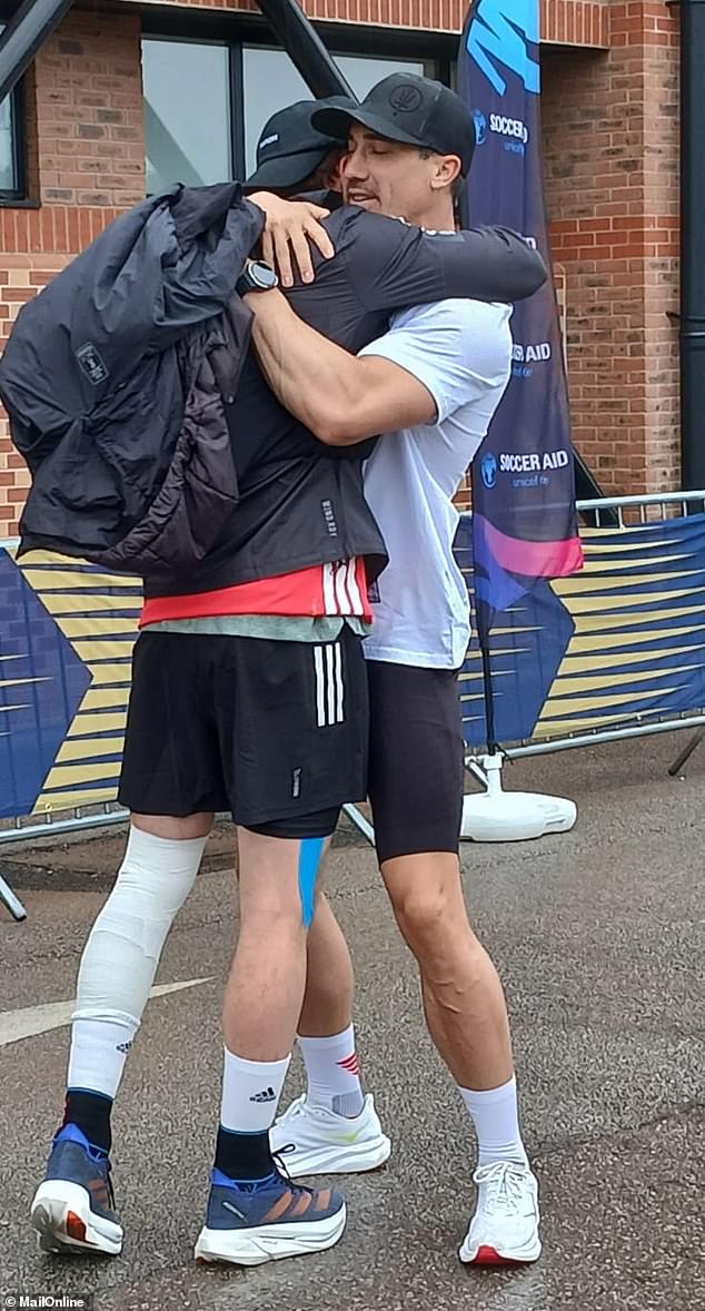 Sam Thompson has revealed his leg is in 'absolute pieces' as he was surprised by his pal Joshua Patterson on the fourth day of his gruelling Soccer Aid challeng