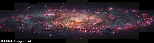 This image shows a detailed, thousand-colour image of the Sculptor Galaxy. Regions of pink light are spread throughout this whole galactic snapshot, which come from ionised hydrogen in star-forming regions. These areas have been overlaid on a map of already formed stars in Sculptor to create the mix of pinks and blues seen here