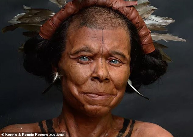 The incredible reconstruction, mostly made of a combination of resin and silicone, reveals a middle-aged woman with 'average skin colour' and blue-grey eyes