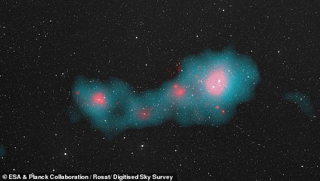The gas filament runs diagonally away from Earth as part of the Shapley Supercluster, a collection of over 8,000 galaxies which is one of the biggest structures in the universe