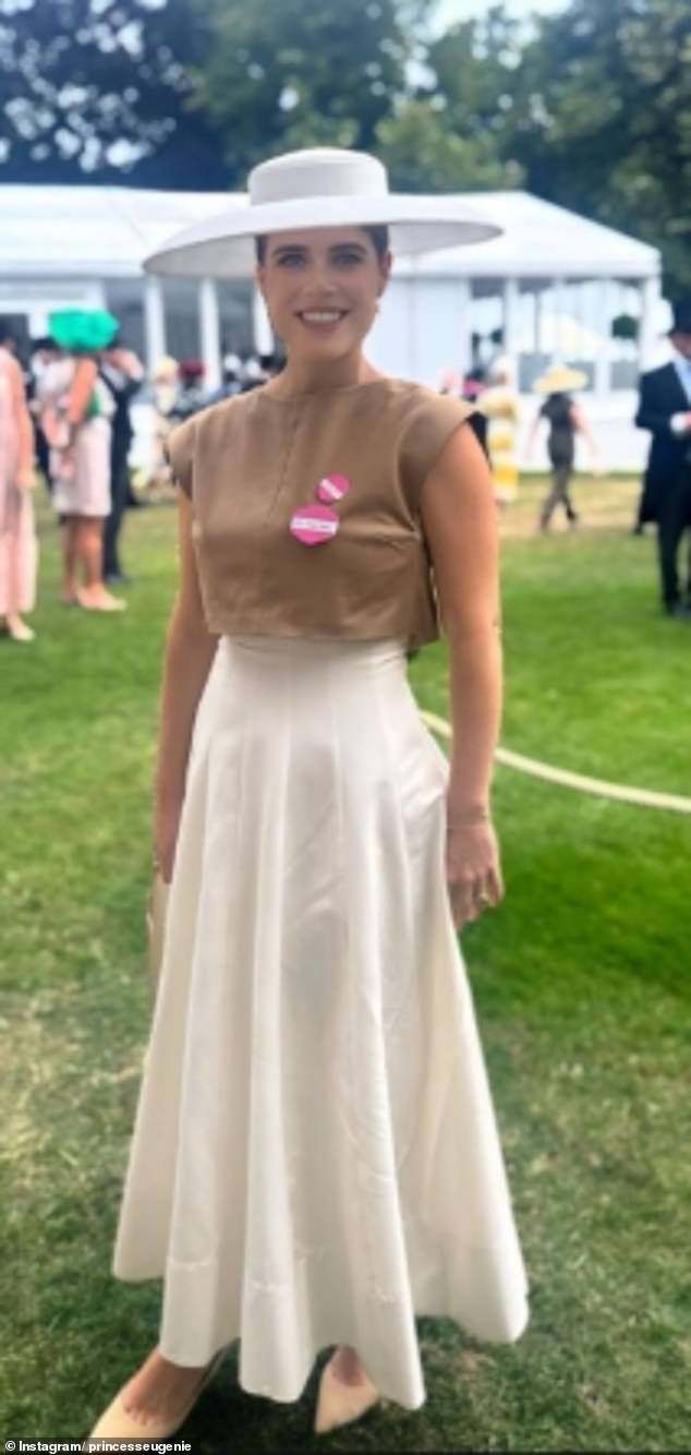 Eugenie put on an elegant display in a flowing, cream skirt and brown crop top at Royal Ascot in Berkshire last week