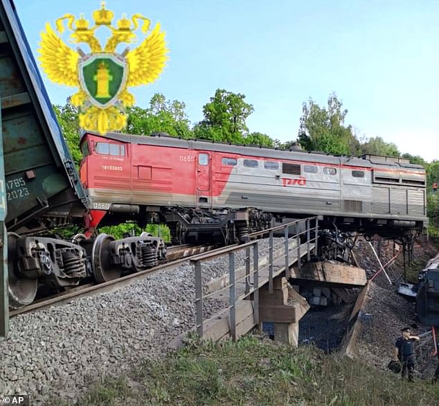 A damaged bridge after the crash of a freight train in Russia's Kursk region, which borders Ukraine, on June 1, 2025