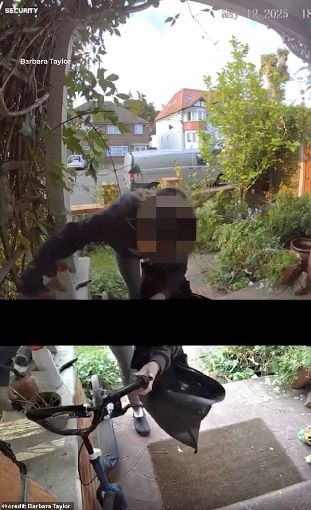This is the shocking moment a brazen thief steals a 10-year-old boy's scooter - which left him 'sobbing'