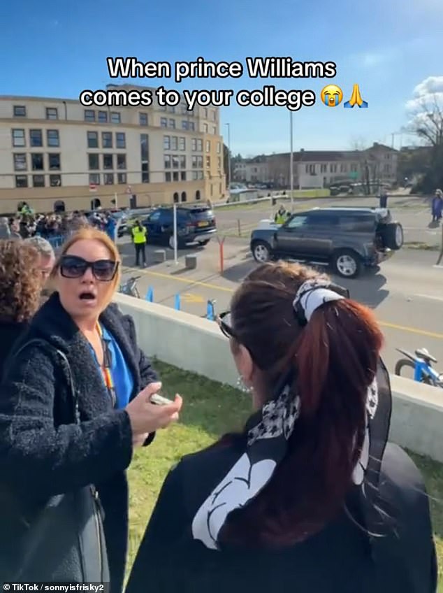 A shocked woman reacts when a student calls Prince Harry a 'ginger f***' when Prince William visited a college