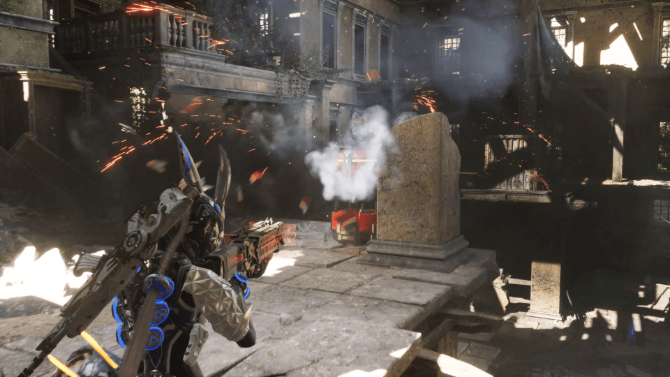 Screenshot from The First Descendant showing a player firing a weapon in a ruined building.