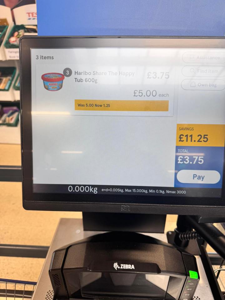 Checkout screen showing three 600g tubs of Haribo costing £3.75, a saving of £11.25.