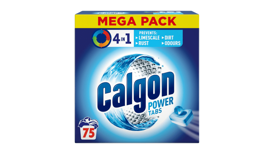 Calgon Power Tabs mega pack (75 tablets).  Prevents limescale, dirt, rust, and odours.