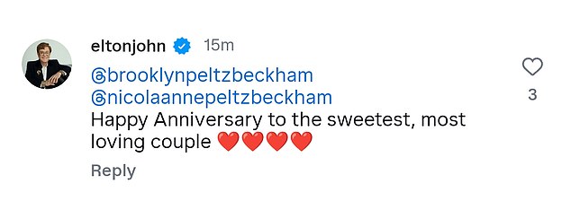 Whilst there has been no social media likes from his parents, one of the top comments is from his godfather Elton who wrote 'Happy Anniversary to the sweetest, most loving couple'