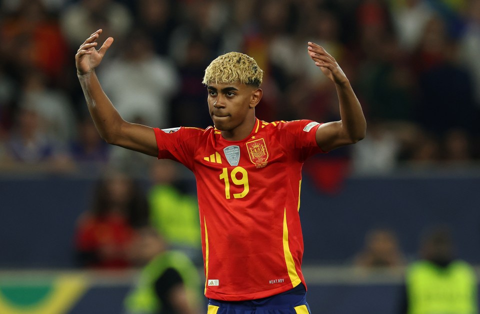 Lamine Yamal of Spain celebrates scoring a goal.