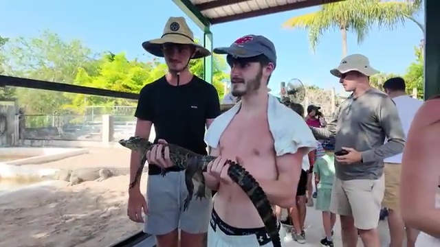 Two young men holding a small alligator.