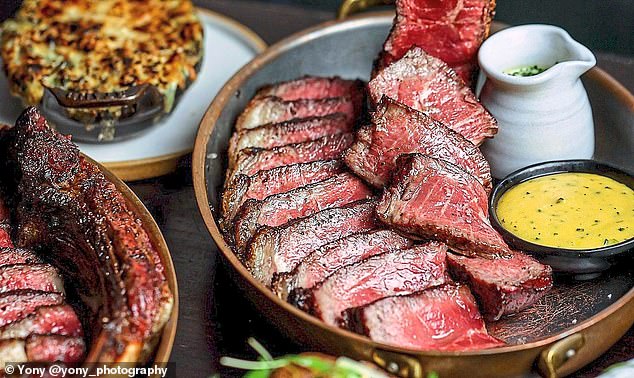 From left: tomahawk steak, spinach gratin and porterhouse with béarnaise
