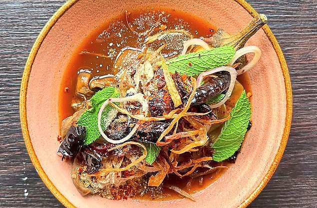 Laab aubergine is flavoured with mint, chilli and crispy shallots