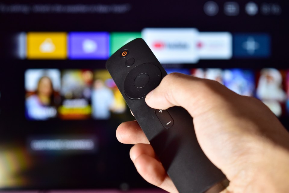 Hand holding a smart TV remote.