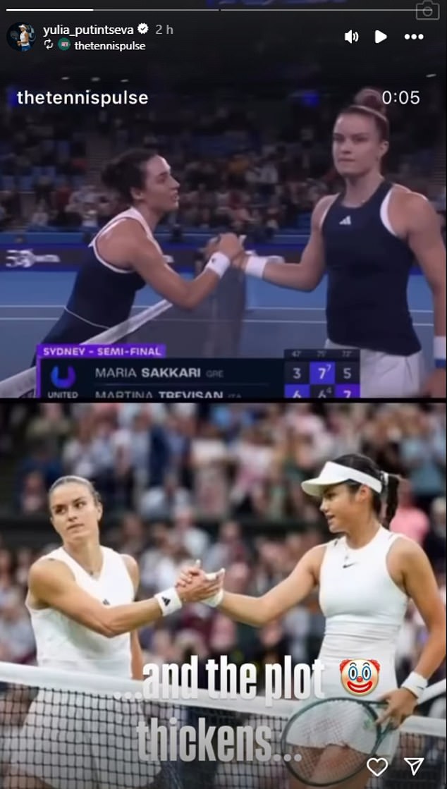 Putintseva also shared a post which aimed a dig at Sakkari and called her opponent a clown