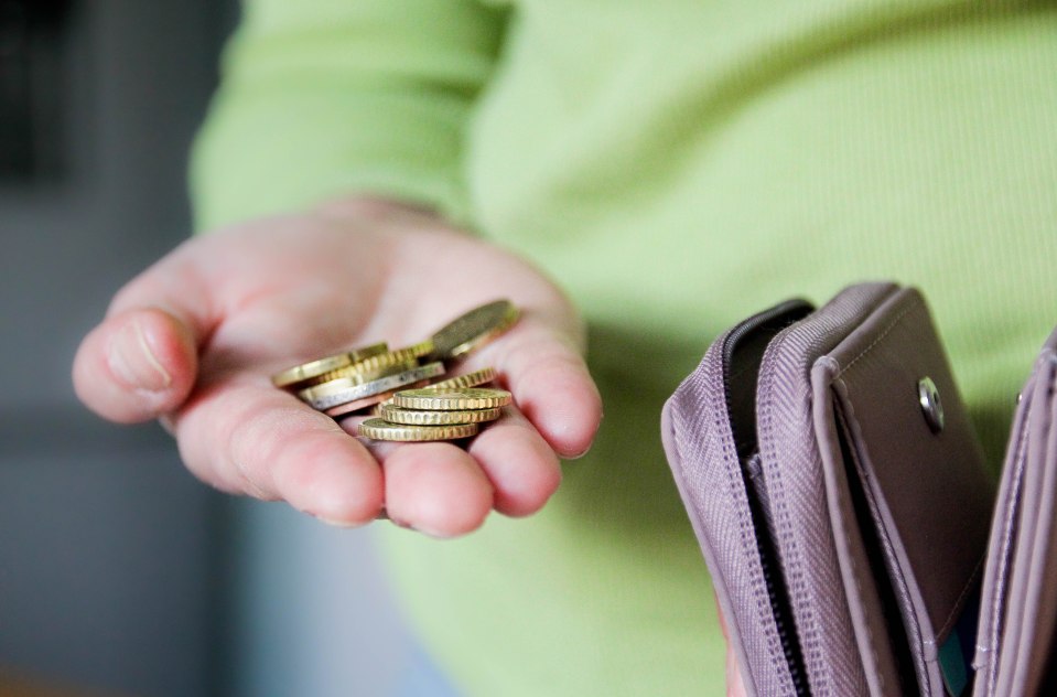 A hand taking coins from a purse.