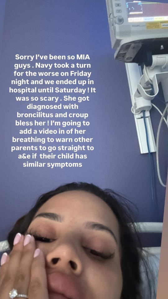 Photo of a woman in a hospital bed with text overlay explaining her baby's hospitalization for bronchiolitis and croup.