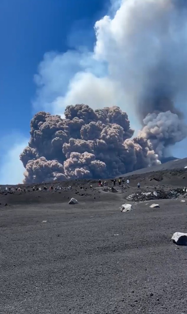 In shocking footage seen online, dozens of holidaymakers began running along a ledge of the volcano, with the ginormous ash cloud growing behind them