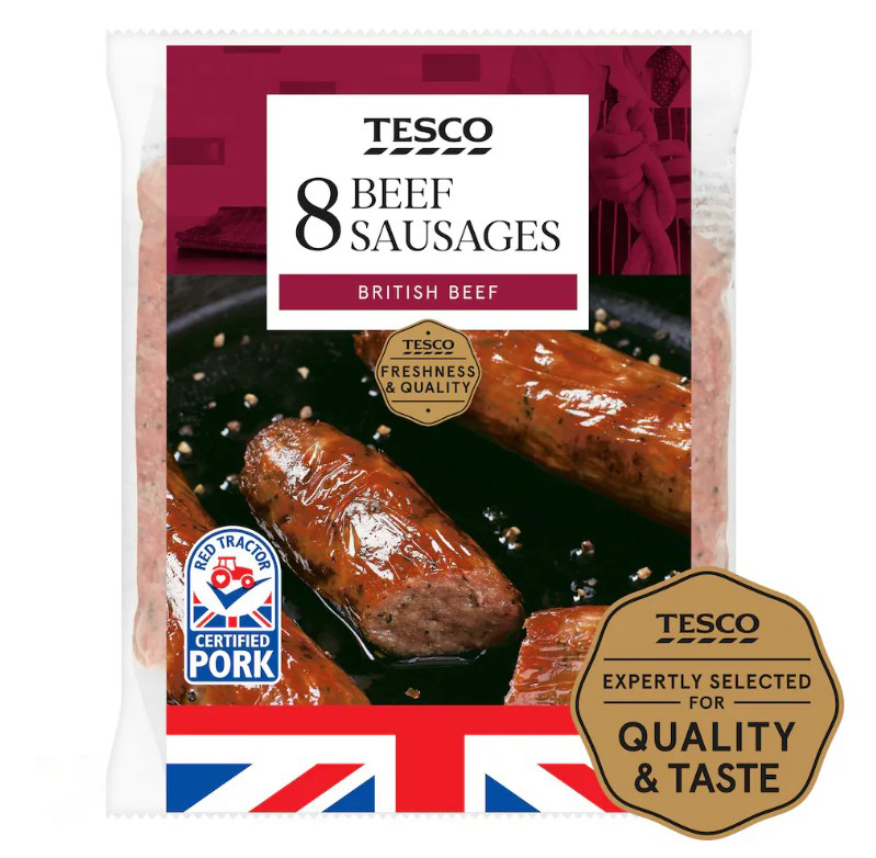 Package of 8 Tesco British beef sausages.