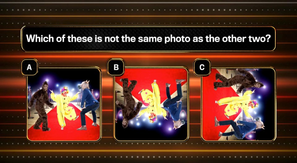 Quiz: Spot the different photo of a Bigfoot, clown, and horse-head person on a red carpet.