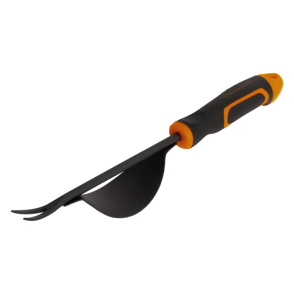 Weed remover tool with orange and black handle.
