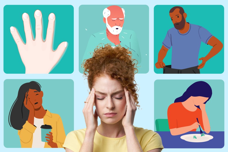 Illustration of a woman with a headache, surrounded by illustrations of people experiencing various symptoms.