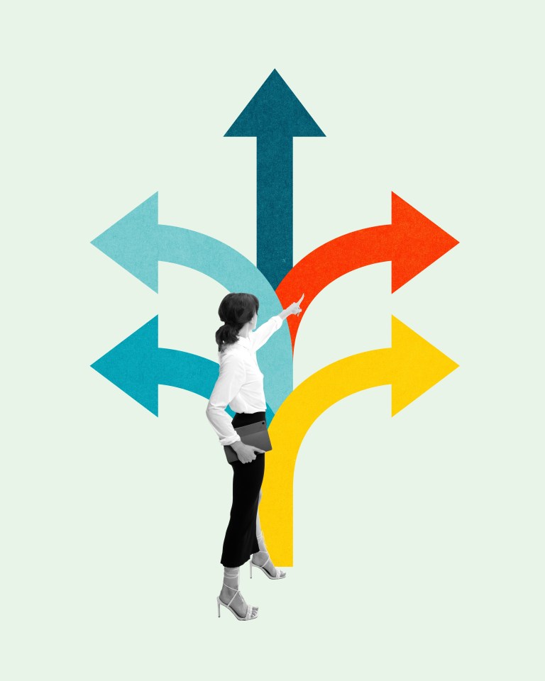 Woman points confidently at one of many diverging arrows, representing strategic decision-making and making right clear choices Contemporary art collage. Concept of business, achievement, development; Shutterstock ID 2522853041; purchase_order: -; job: -; client: -; other: -